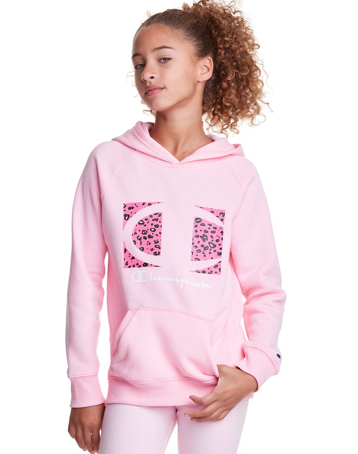 Champion Girls Hoodie NZ - Fleece Raglan Leopard Knockout Logo Pink ( 9531-WDFQO )